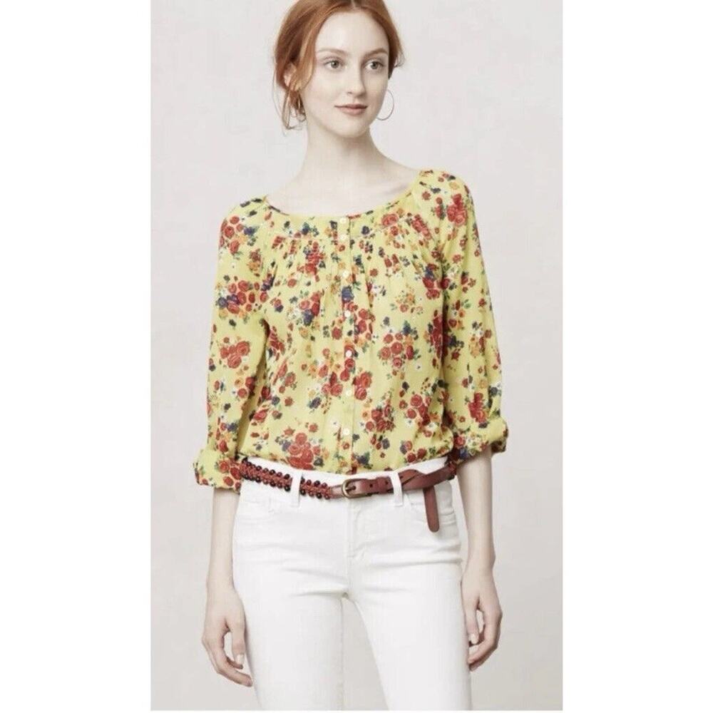 Postage Stamp Anthropologie Top 0 Yellow Floral Button Up Peasant Rolltab